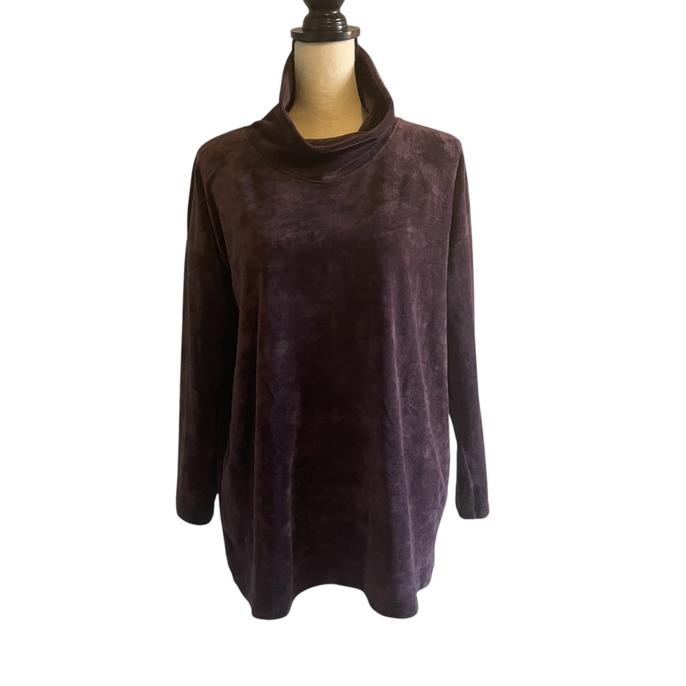 Pure Jill Women's Velour Tunic Top M Petite Plum Purple Mock Neck Pullover‎